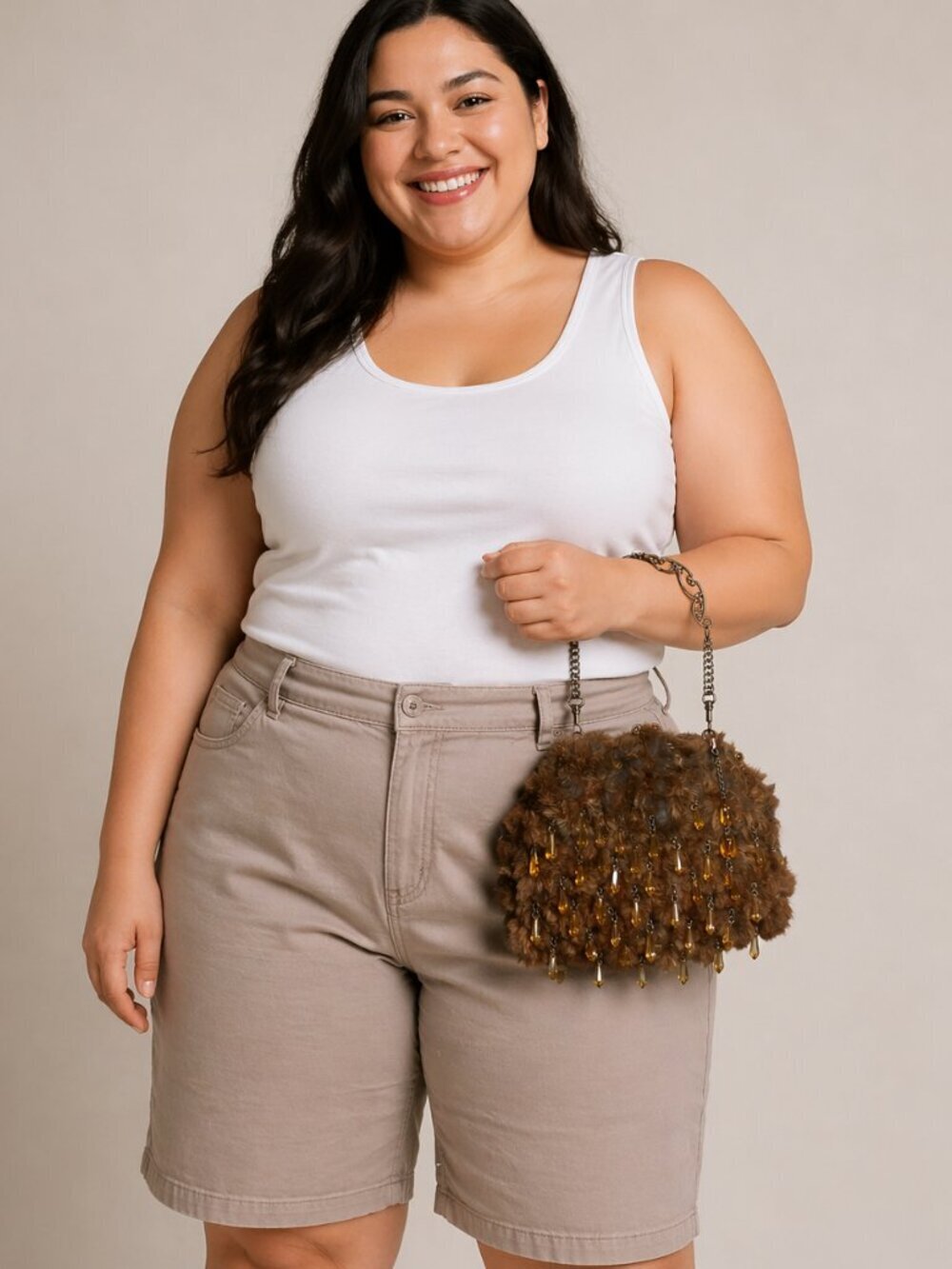 Vintage Brown Fur Dangling Rhinestones Casual Formal Clutch Hand Bag Purse
